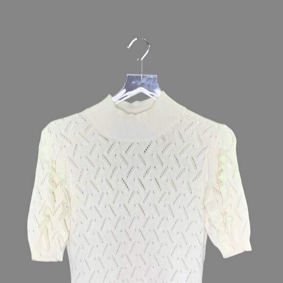 White House Black Market XS Mock Neck Sweater Ivory Pointelle Ruffle - Picture 4 of 8